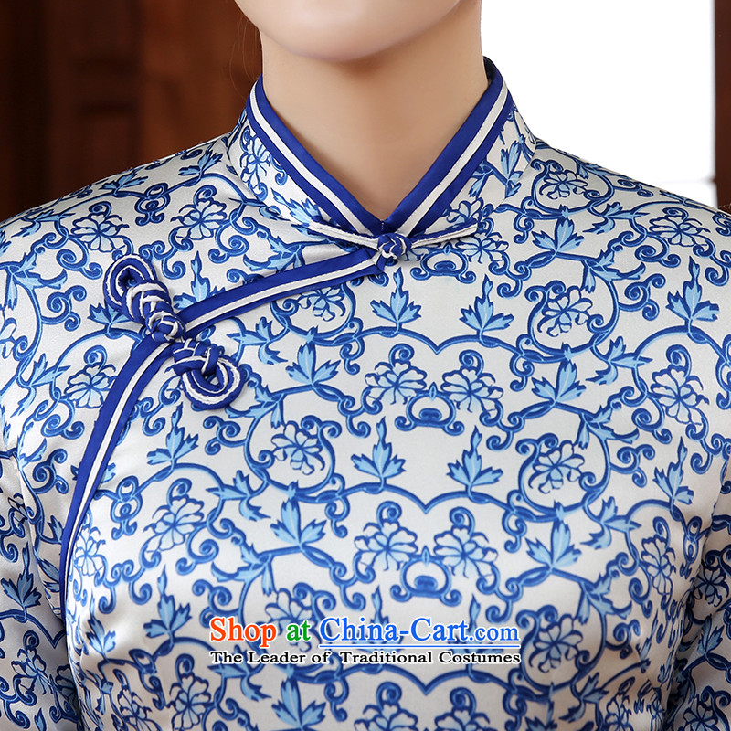 [Sau Kwun Tong] Cheong Wa Image 2015 Fall/Winter Collections new stylish porcelain silk cheongsam dress cotton folder long-sleeved blue and white 3XL,-soo QC5907 Kwun Tong shopping on the Internet has been pressed.