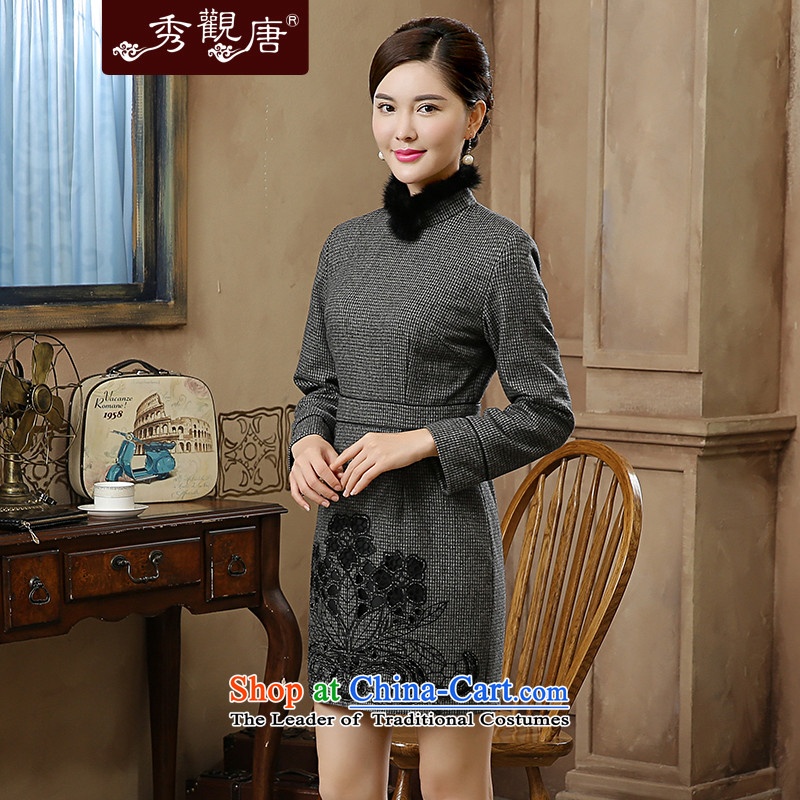 [Sau Kwun Tong] 2015 autumn and winter wind spirit new gross Washable Wool Lace Embroidery long sleeves? cheongsam dress QC5905 GRAY M-soo Kwun Tong shopping on the Internet has been pressed.