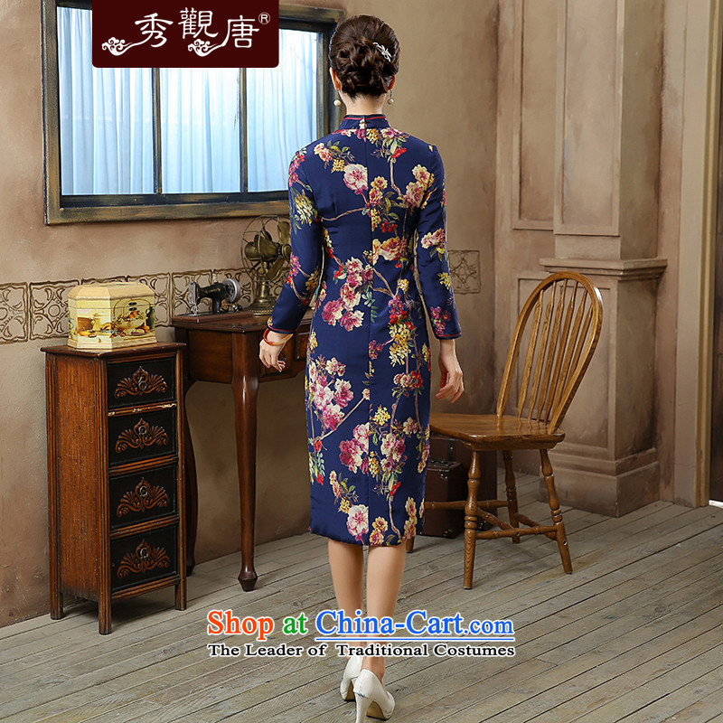 [Sau Kwun Tong] blue autumn and winter 2015 Hyatt new long-sleeved improved retro stamp silk cheongsam dress QC5901 folder cotton jacquard yarn- XL, Sau Kwun Tong shopping on the Internet has been pressed.