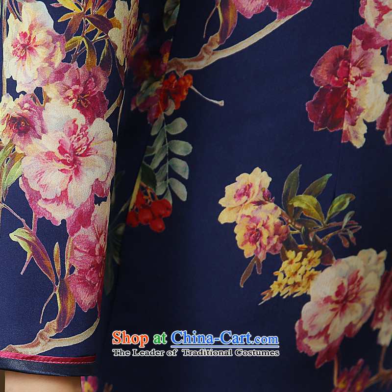 [Sau Kwun Tong] blue autumn and winter 2015 Hyatt new long-sleeved improved retro stamp silk cheongsam dress QC5901 folder cotton jacquard yarn- XL, Sau Kwun Tong shopping on the Internet has been pressed.