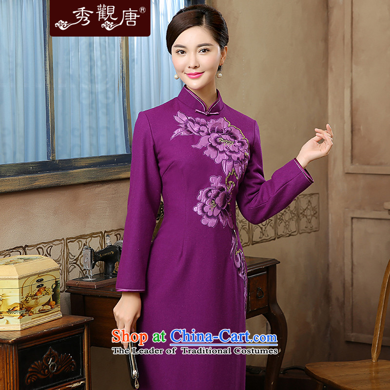 -Sau Kwun Tong- Zi Hong Ying 2015 Fall_Winter Collections Of Embroidery long wool? long-sleeved qipao skirt QC5902 temperament purple?L