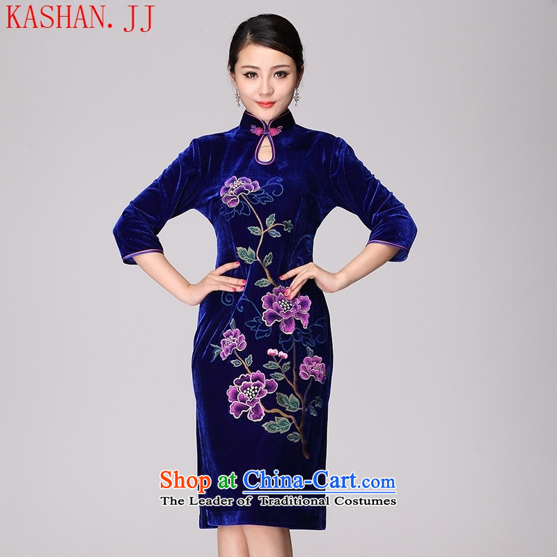 Mano-hwan's new embroidered short of Qipao velvet Sau San multi-color to blue skirt qipao Liang?XXL