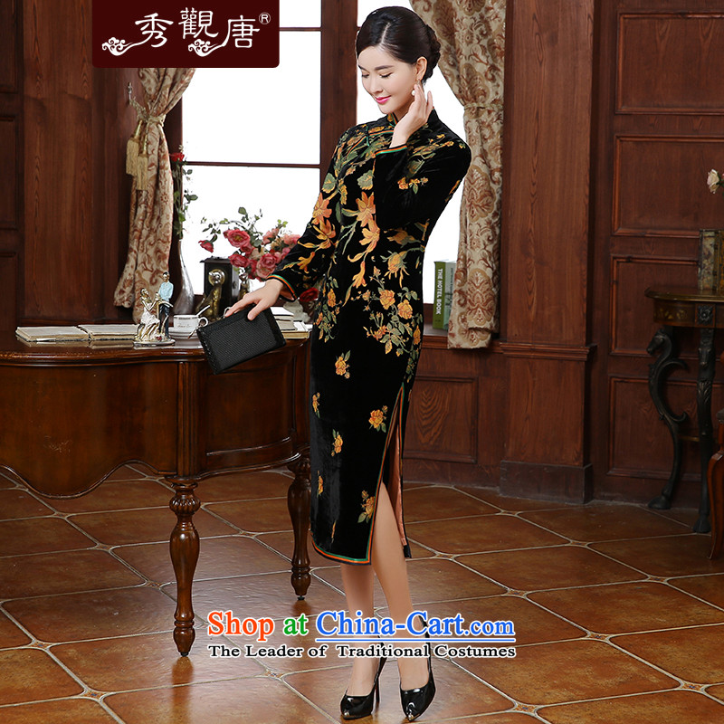 [Sau Kwun Tong] flowers fall 2015 a new Yim, Retro flocking in long silk cheongsam dress QC5911 long-sleeved suit 3XL, Soo-Kwun Tong shopping on the Internet has been pressed.