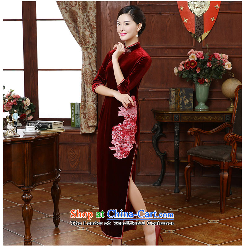 [Sau Kwun Tong] flowers fall 2015 a new seal, embroidery long Korean mother in the lint-free cuff cheongsam dress QC5909 wine red L picture, prices, brand platters! The elections are supplied in the national character of distribution, so action, buy now enjoy more preferential! As soon as possible.