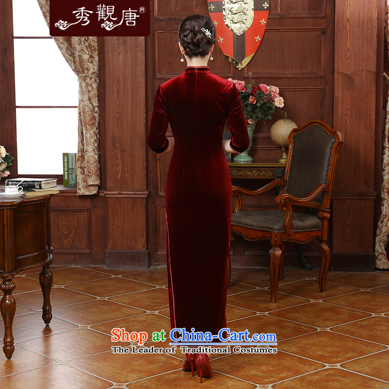 [Sau Kwun Tong] flowers fall 2015 a new seal, embroidery long Korean mother in the lint-free cuff cheongsam dress QC5909 wine red , L, Sau Kwun Tong shopping on the Internet has been pressed.