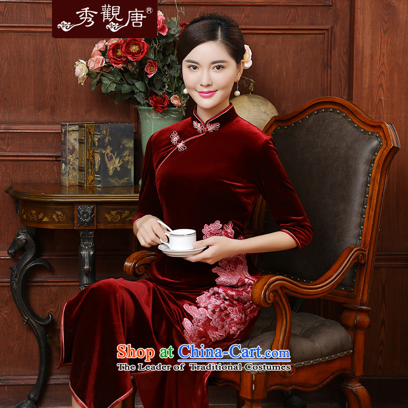 [Sau Kwun Tong] flowers fall 2015 a new seal, embroidery long Korean mother in the lint-free cuff cheongsam dress QC5909 wine red , L, Sau Kwun Tong shopping on the Internet has been pressed.