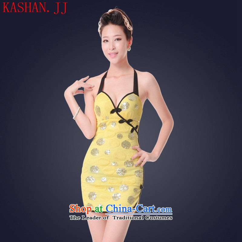 Mano-hwan's sexy female cheongsam dress short skirt night service technician will dress ktv princess chest yellow S, Card Services Shan House (KASHAN.JJ) , , , shopping on the Internet