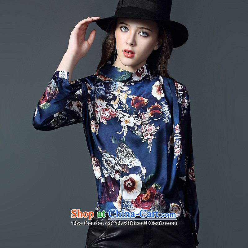 And related shop *2015 autumn and winter New Female European site western retro style leisure stamp shirt long-sleeved shirt , blue and involved (rvie.) , , , shopping on the Internet