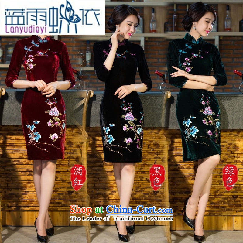 Ya-ting shop 2015 autumn and winter new moms with scouring pads in the skirt qipao Kim sleeve length) Improved retro wedding blue blue rain butterfly according to S, shopping on the Internet has been pressed.