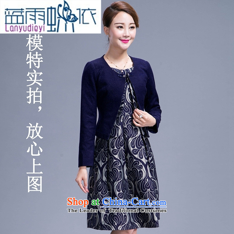 Ya-ting shop 2015 autumn and winter large middle-aged moms long-sleeved woolen? two kits dresses in long blue 4XL, Girl Butterfly according to , , , Blue rain shopping on the Internet