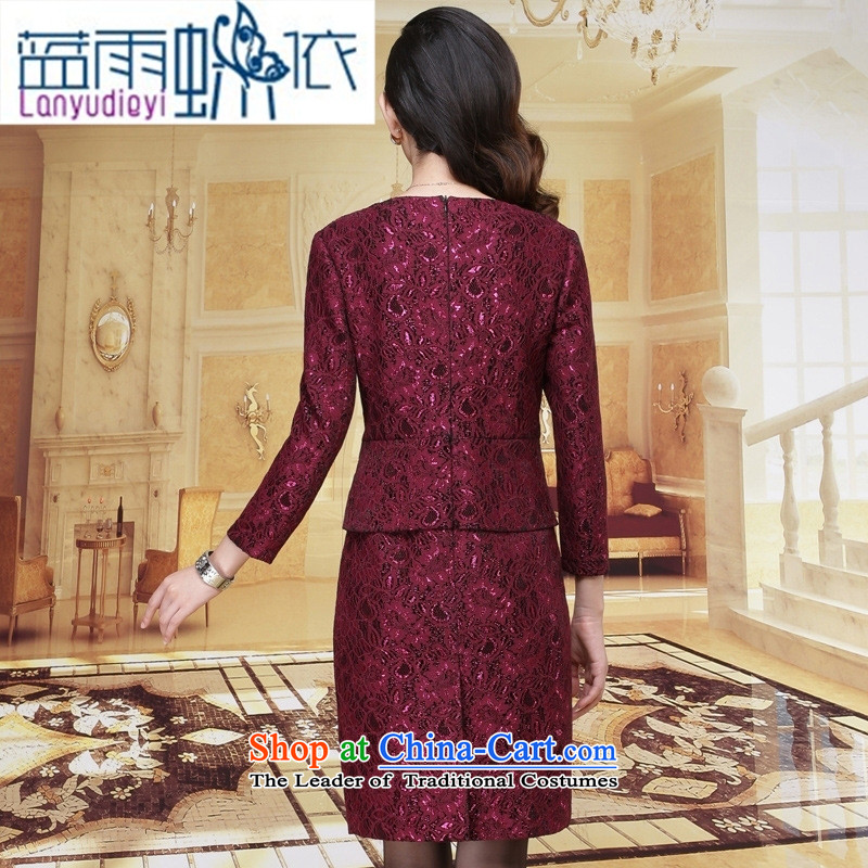 Ya-ting shop 2015 Autumn load new women's body graphics thin temperament decorated 9 cuff lace dresses in older mother replacing Dark Violet Blue rain butterfly to XXL, shopping on the Internet has been pressed.