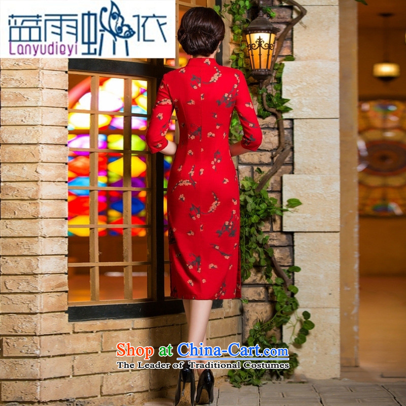Ya-ting shop 2015 Autumn replacing retro in thin cuff Sau San video larger improved linen long skirt qipao Samui red , L, blue rain butterfly according to , , , shopping on the Internet