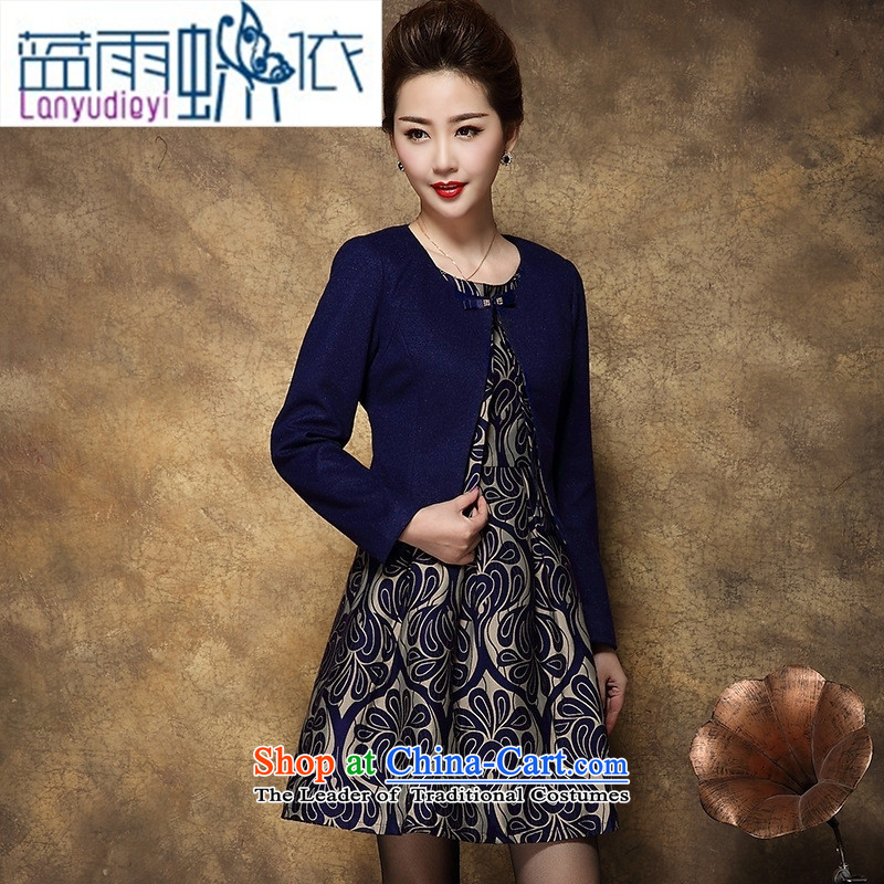 Ya-ting shop 2015 large middle-aged female Mother New) Autumn two kits wool dresses? possession of blue blue rain butterfly to 2XL, shopping on the Internet has been pressed.