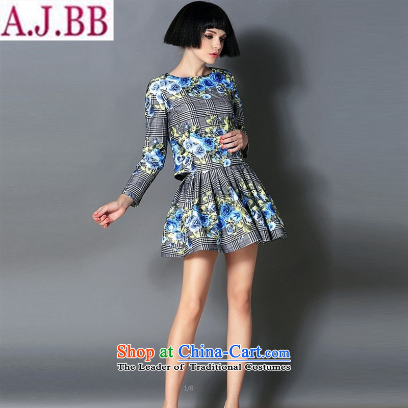 And involved shop New) Autumn *2015 latticed blue rose stamp long-sleeved shirt + trend bon bon two female kit skirt blue checked XL, and involved (rvie.) , , , shopping on the Internet