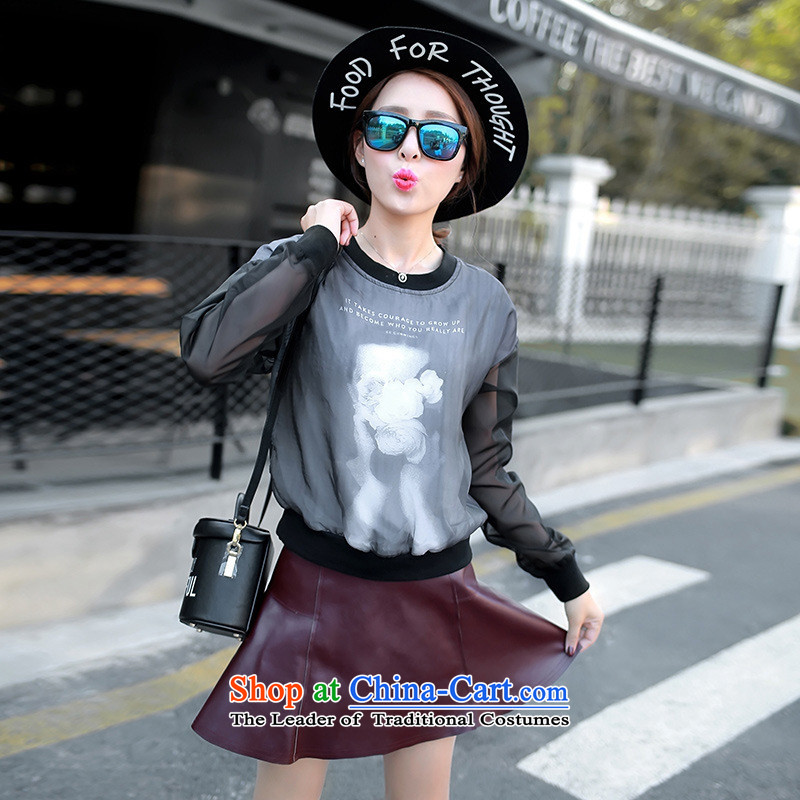 And involved shop New) Autumn *2015 Korean female round-neck collar stitching Mesh long-sleeved T-shirt , black stamp and involved (rvie.) , , , shopping on the Internet
