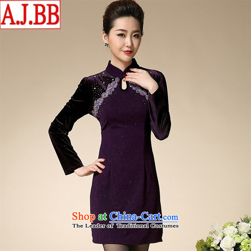 The Black Butterfly autumn large code Women Korean middle-aged long-sleeved video thin Sau San Kim velvet MOM pack A skirt purple?XXL