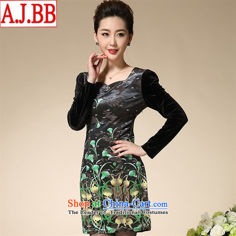 The Black Butterfly autumn 2015 middle-aged moms who are large long-sleeved gray velour Kim Female dress in long green?M