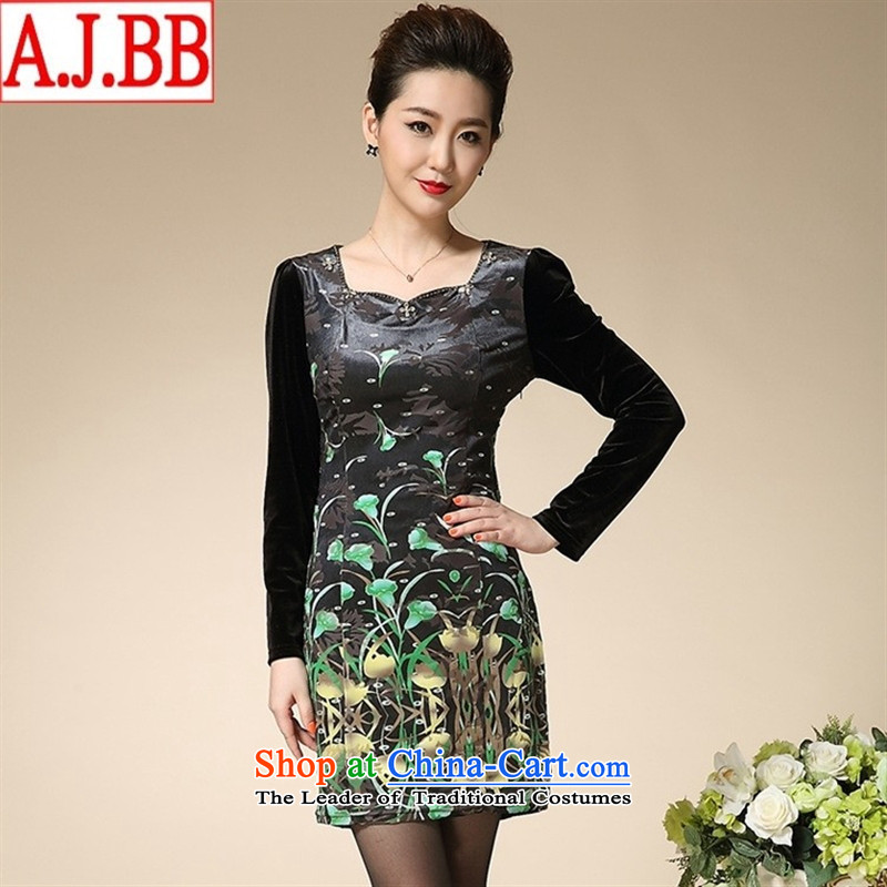 The Black Butterfly autumn 2015 middle-aged moms who are large long-sleeved gray velour Kim Female dress in long green M,A.J.BB,,, shopping on the Internet