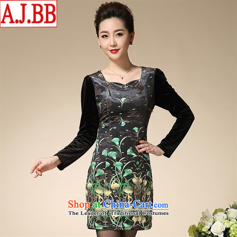 The Black Butterfly autumn 2015 middle-aged moms who are large long-sleeved gray velour Kim Female dress in long green M,A.J.BB,,, shopping on the Internet