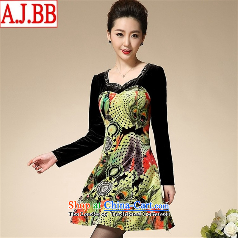 The Black Butterfly gold Autumn 2015 scouring pads stamp V-Neck Diamond Sau San installed XL middle-aged moms long-sleeved green L,A.J.BB,,, dresses shopping on the Internet