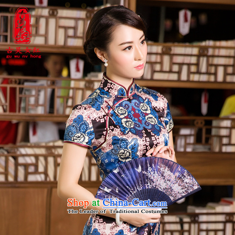 The Wu Female Red Silk Cheongsam, long-sleeved autumn 2015_ Ms. daily with retro Tang Gown cheongsam dress dark blue XXL