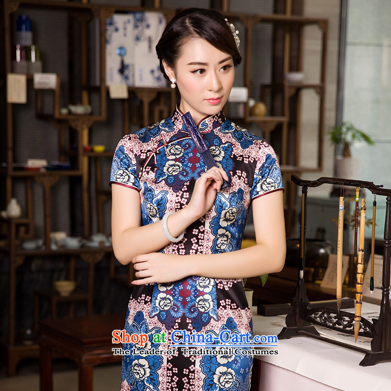 The Wu Female Red Silk Cheongsam, long-sleeved autumn 2015) Ms. daily with retro Tang Gown cheongsam dress dark blue XXL, Wu female red , , , shopping on the Internet