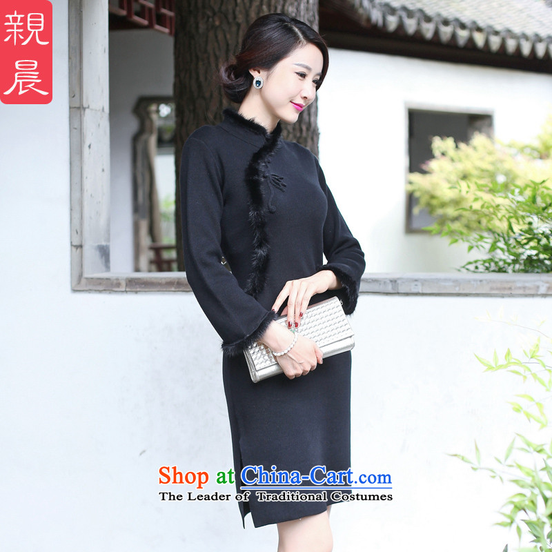 The new 2015 Fall/Winter Collections cheongsam dress short Ms. Stylish retro long-sleeved woolen knitted Sau San improved black 2XL, pro-am , , , shopping on the Internet
