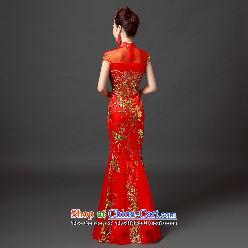 Rain-sang yi 2015 new wedding dress wedding Chinese long large graphics thin crowsfoot qipao stylish collar bows QP548 SERVICES RED M rain still Yi shopping on the Internet has been pressed.