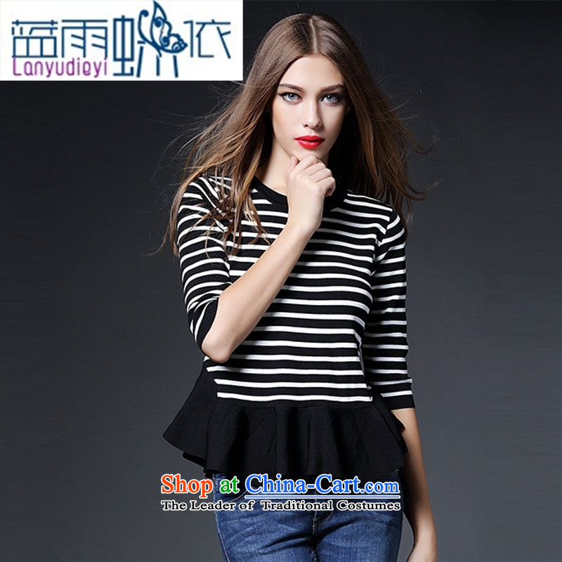 Ya-ting shop 2015 new women's Western Wind autumn knitting striped tee shirt-sleeves, forming the basis of seven long-sleeved LF20150988 PINSTRIPE M Blue rain butterfly according to , , , shopping on the Internet