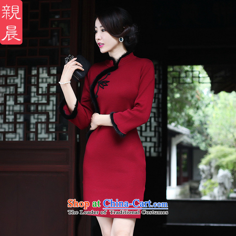 The new 2015 Fall/Winter Collections cheongsam dress short Ms. Stylish retro long-sleeved woolen knitted Sau San improved wine red 2XL, pro-am , , , shopping on the Internet
