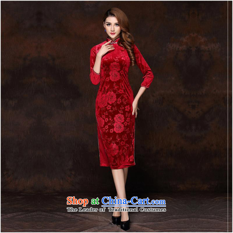 2015 Autumn and winter new women's Stylish retro-7 cuff scouring pads long red XXXL, QF141008 qipao and involved (rvie.) , , , shopping on the Internet
