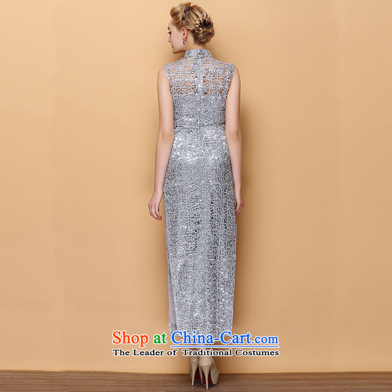 2015 new stylish collar dress engraving on-chip banquet long qipao Sau San silver M, and involved (rvie.) , , , shopping on the Internet