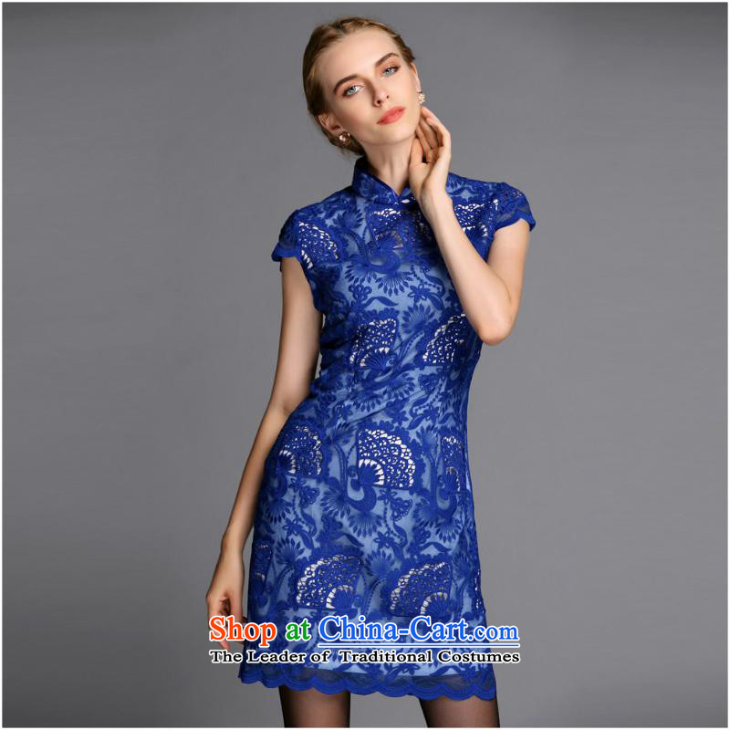 2015 new engraving embroidered short cheongsam dress stylish improved big blue M and Sau San Jie (rvie.) , , , shopping on the Internet