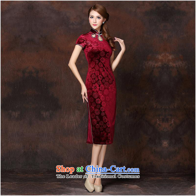 2015 new women's Stylish retro-day extracting improved flower short-sleeved gray velour robes QF141026 long wine red M, and involved (rvie.) , , , shopping on the Internet