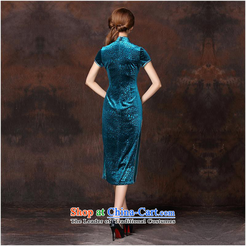 2015 new women's Stylish retro low on improved Ms.'s day-to-day long qipao QF141026 velvet blue lagoon , and involved (rvie.) , , , shopping on the Internet