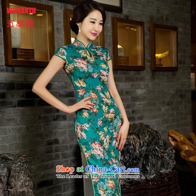 Five-sense?in the autumn of 2015 figure new green suit long Silk Cheongsam upscale daily improved cheongsam dress dress suits retro?S