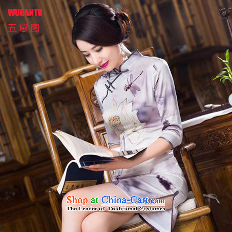 The five senses figure for autumn and winter 2015 new upscale Silk Cheongsam cuff in stylish and elegant banquet dress dresses ink color pictures of the LOTUS M Five-sense (WUGANTU) , , , shopping on the Internet