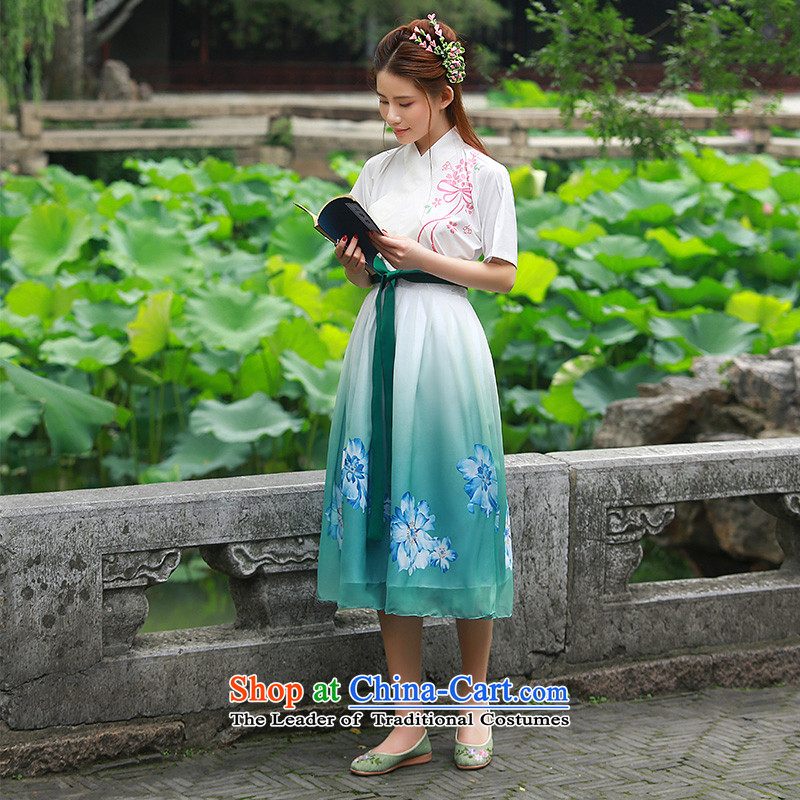 Time of daily new 2015 Syria traditional woman Han-improved body skirt spring, summer, autumn and Chinese ink painting Han elements recommended green skirts and shirt, Syria has been pressed time shopping on the Internet