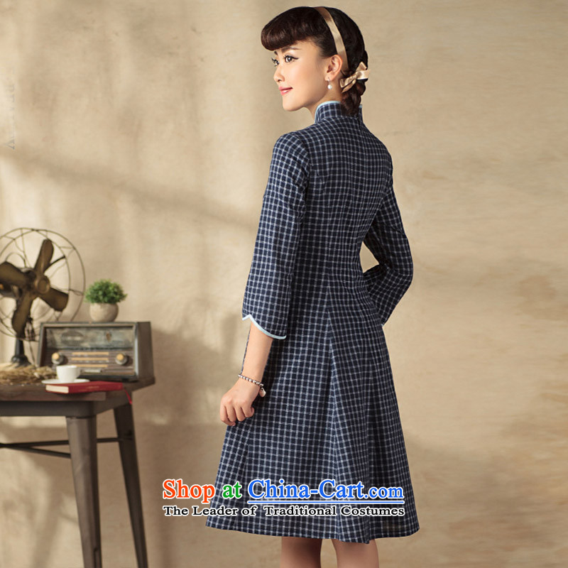 A Pinwheel Without Wind Yue Autumn Yat 7 cuff dresses autumn 2015 new product literature and art nouveau improved grid cheongsam dress navy M Yat Lady , , , shopping on the Internet