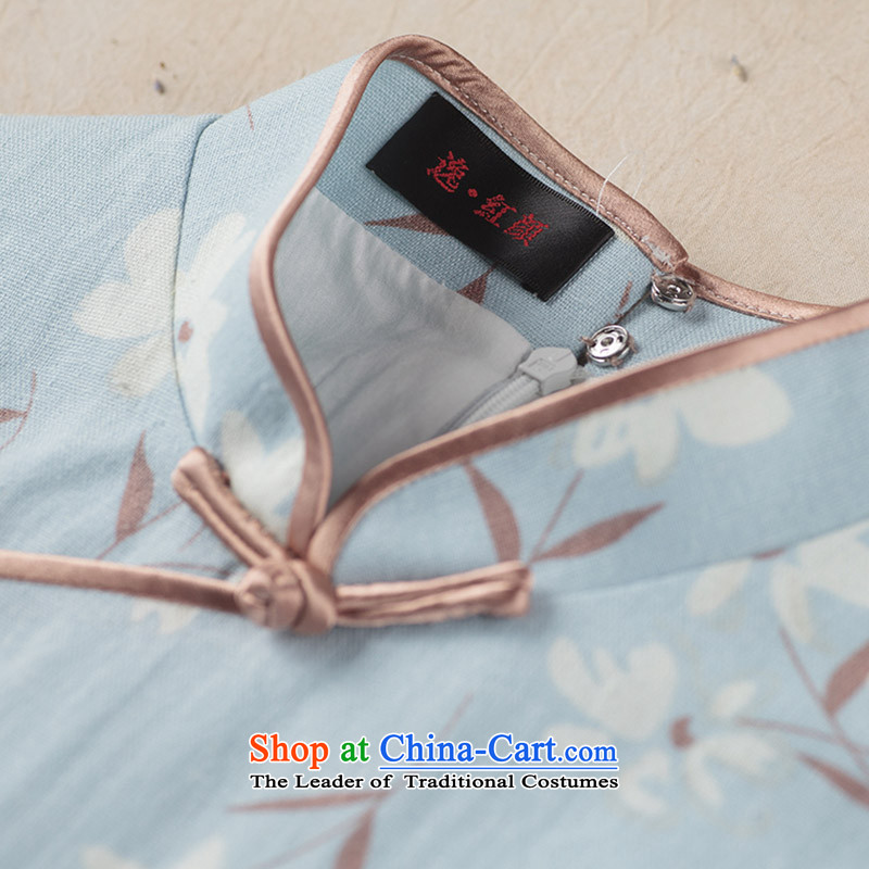 A Pinwheel Without Wind Yanwu in Yat Long Seven-sleeved dresses cotton linen stamp of ethnic qipao retro improved skirt blue-gray XL, Yat Lady , , , shopping on the Internet