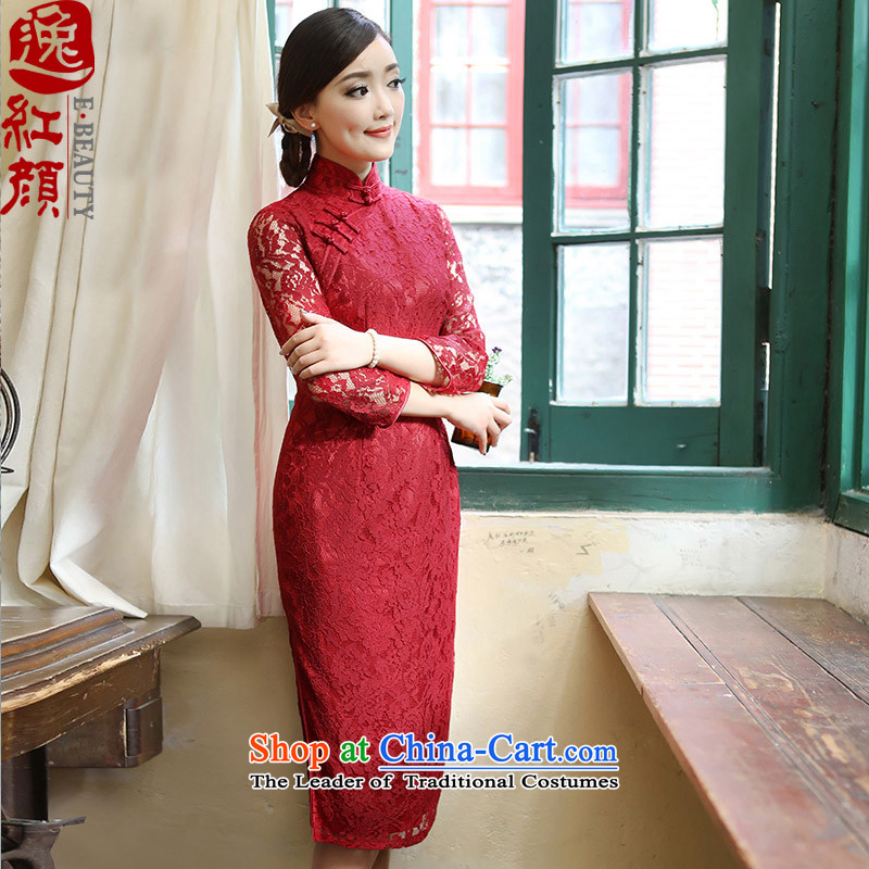 A Pinwheel Without Wind-hee concept Yat?2015 Autumn In New long sleeves 7 Improved retro-color cheongsam dress lace scarlet?M