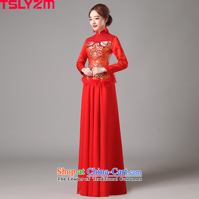 Improved cheongsam dress brides tslyzm wedding services classical Chinese marriage bows Sau Wo service long-sleeved lace collar 2015 new autumn and winter red Xxxl,tslyzm,,, shopping on the Internet