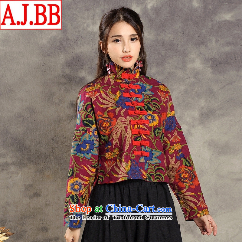 The Black Butterfly autumn and winter new ethnic women cotton linen yarn-dyed jacquard tray snap Chinese Antique Tang Jacket coat of female red XL,A.J.BB,,, shopping on the Internet