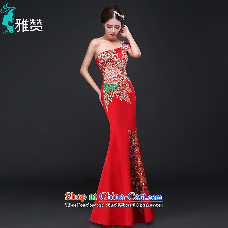 Jacob Chan bridal dresses crowsfoot long single shoulder Chinese wedding dress 2015 autumn and winter new Phoenix embroidery Sau San video thin red flower XL, Jacob Chan (YAZAN) , , , shopping on the Internet