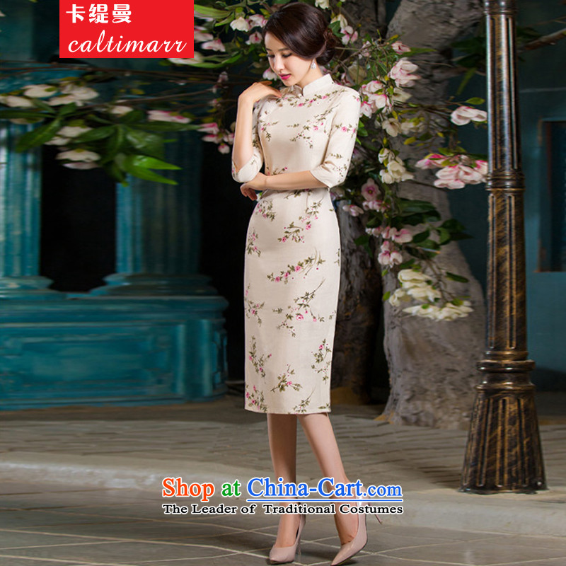 The Cayman 2015 Autumn economy card installed in Sau San video thin retro large cuff improved linen long skirt qipao day lilies M card economy (caltimarr) , , , shopping on the Internet