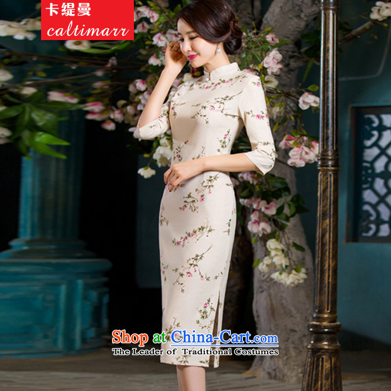 The Cayman 2015 Autumn economy card installed in Sau San video thin retro large cuff improved linen long skirt qipao day lilies M card economy (caltimarr) , , , shopping on the Internet