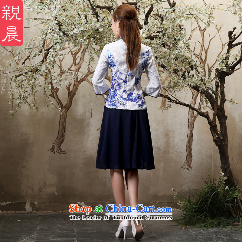 The pro-am cotton Linen Dress Shirt qipao new summer and fall of 2015, replacing the daily retro improved stylish cotton dress in sleeved shirt + Hong Kong in navy blue skirt S pro-am , , , shopping on the Internet