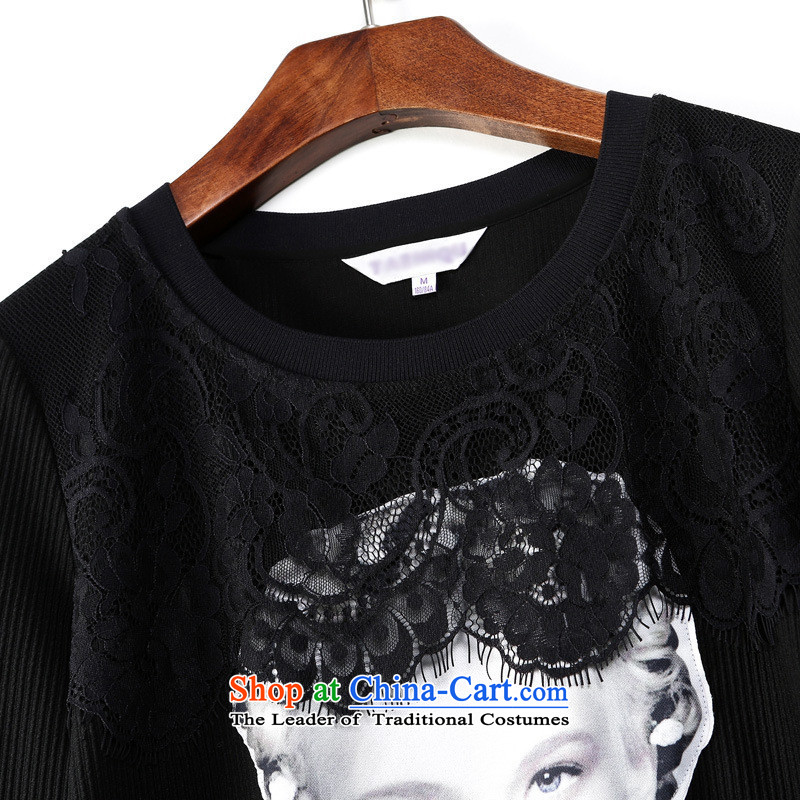 Load New Autumn Hami female personality silhouette lace flower stitching Sau San wild black T-shirt , blue rain butterfly according to , , , shopping on the Internet
