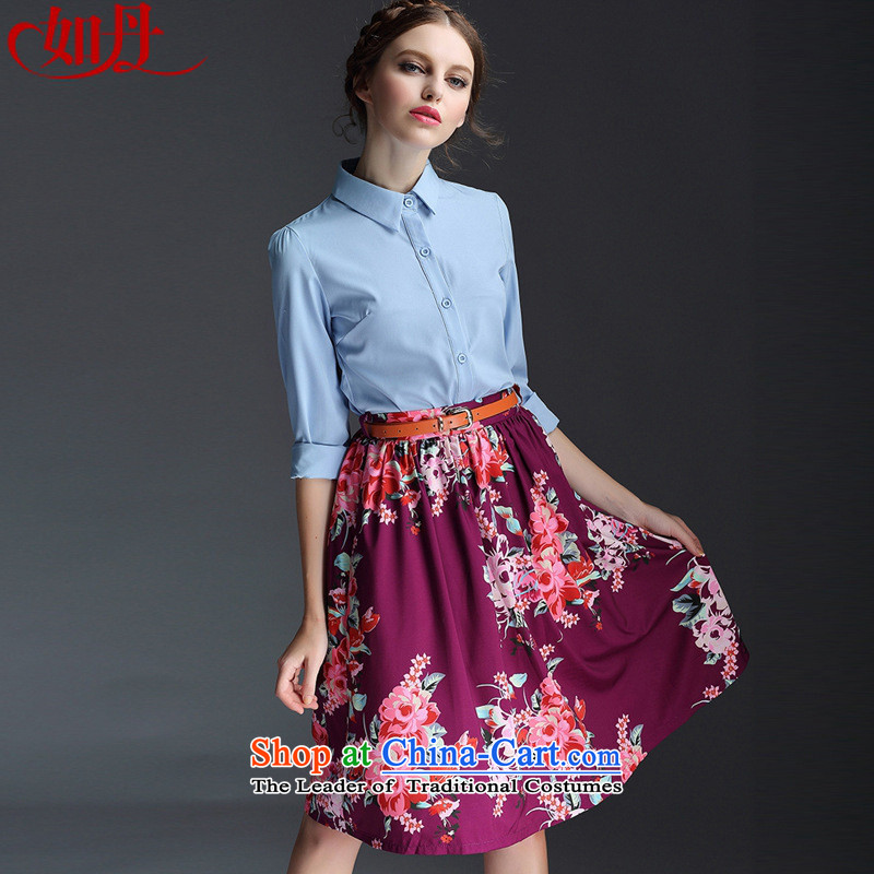 And involved shops new_ Autumn _2015 Western Wind lapel of long-sleeved shirt + stamp chiffon long skirt two kits with intuitive female picture color?L