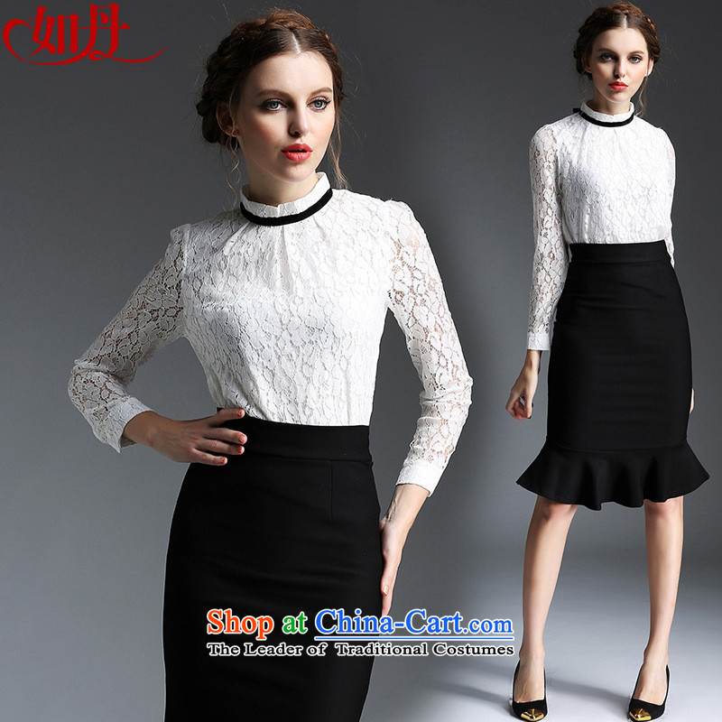 And involved shops new_ Autumn _2015 collar long-sleeved shirt + lace crowsfoot package and step-body skirt two kits for women picture colorM